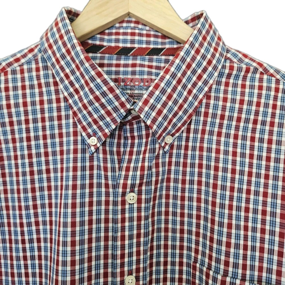 IZOD Shirt Mens 2XL Red Plaid Button Down Long Sleeve Light Weight Casual Poplin